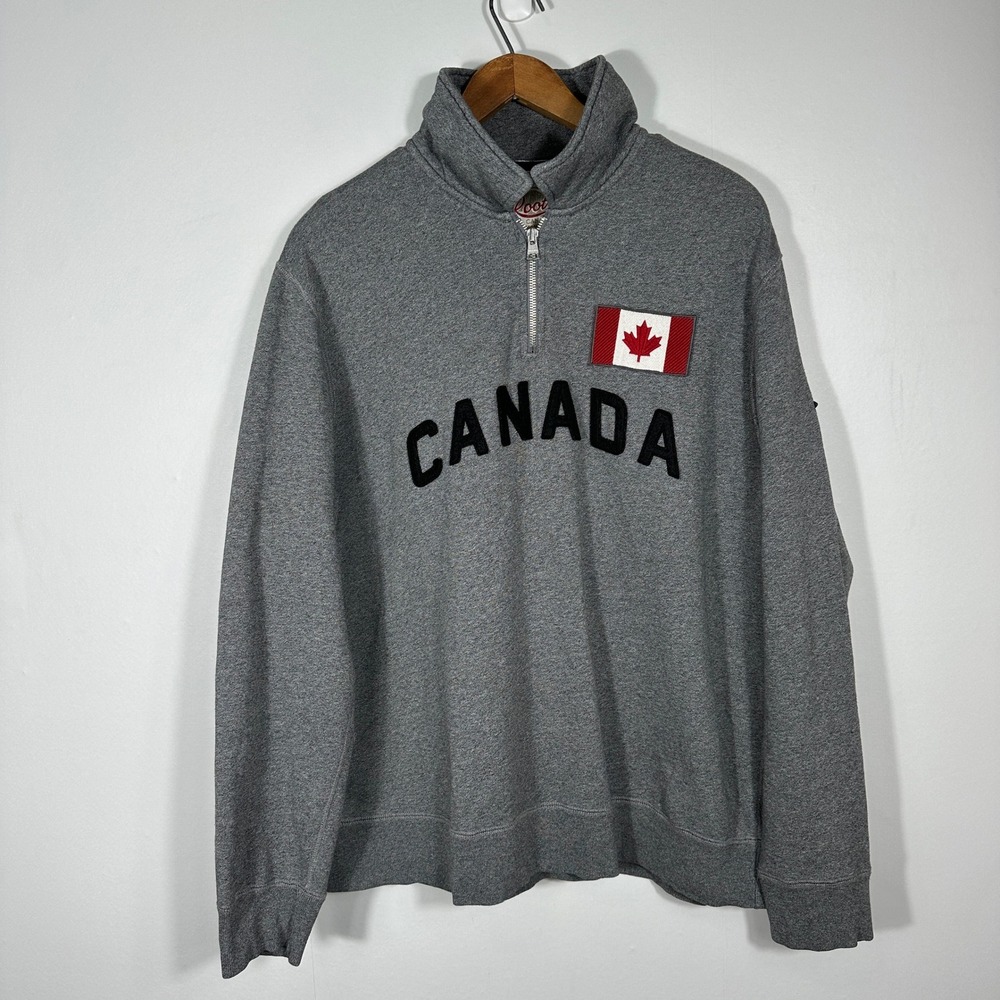 Roots Quarter Zip Sweatshirt Mens Large Gray Canada Flag Pullover